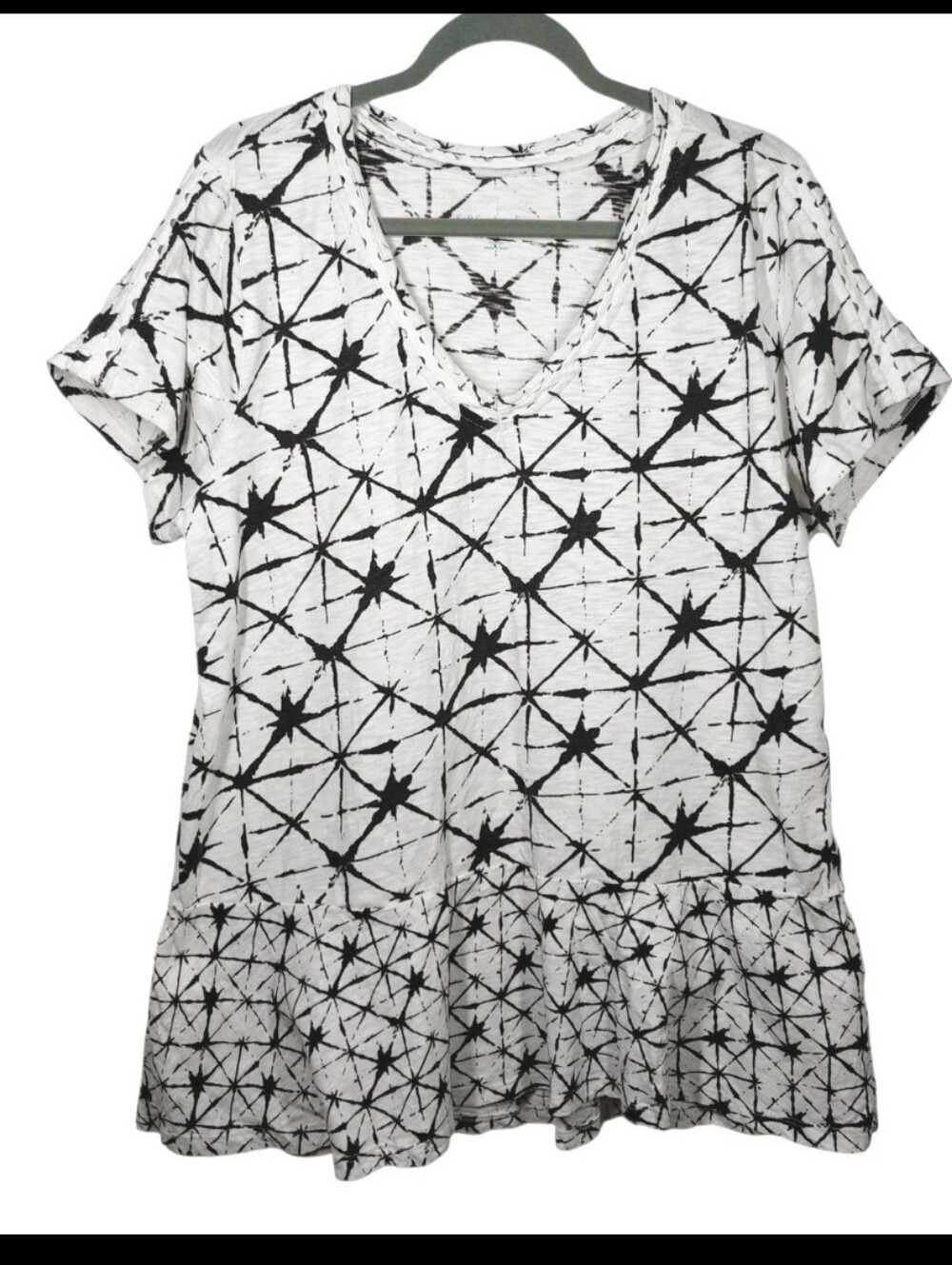 Soft Surroundings Peplum Knit Top Women's XL White Black Geometric Short Sleeves